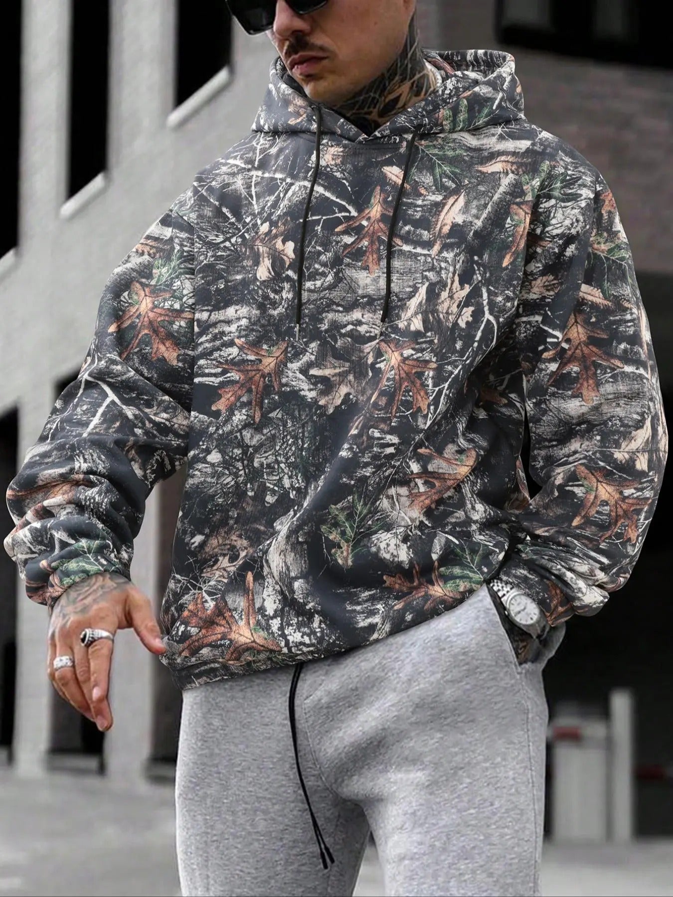 Men's Tree Camo Print Drawstring Hoodie, Street Fashion Casual Regular Fit Hooded Sweatshirt for Daily Holiday Outdoor Wear, Men Clothes for All Seasons