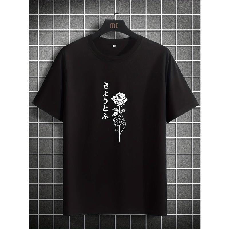 Mens Fashionable Rose Pattern T-Shirt - Casual Street Style, Stretch Round Neck Tee - Lightweight & Breathable for Summer Made in USA