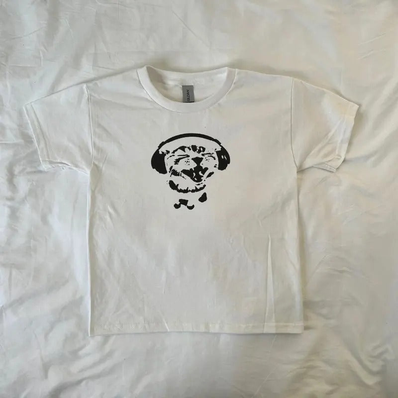 Music Loving Cat Baby Tee, ahs style, pintrest, streetwear, y2k, trendy, vintage, music loverstyle{n002}2