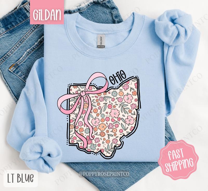 Ohio Floral Bow Gildan Sweatshirt, Cute Trendy State Coquette Pullover