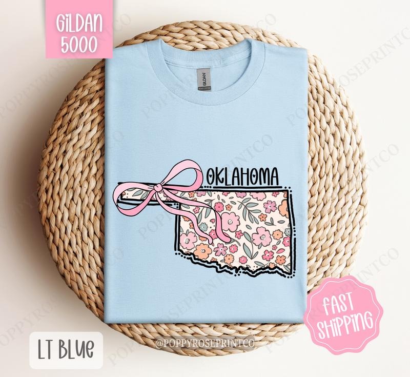 Oklahoma Floral Bow Gildan T-shirt, Cute Trendy Tee, State Coquette Oversized Top
