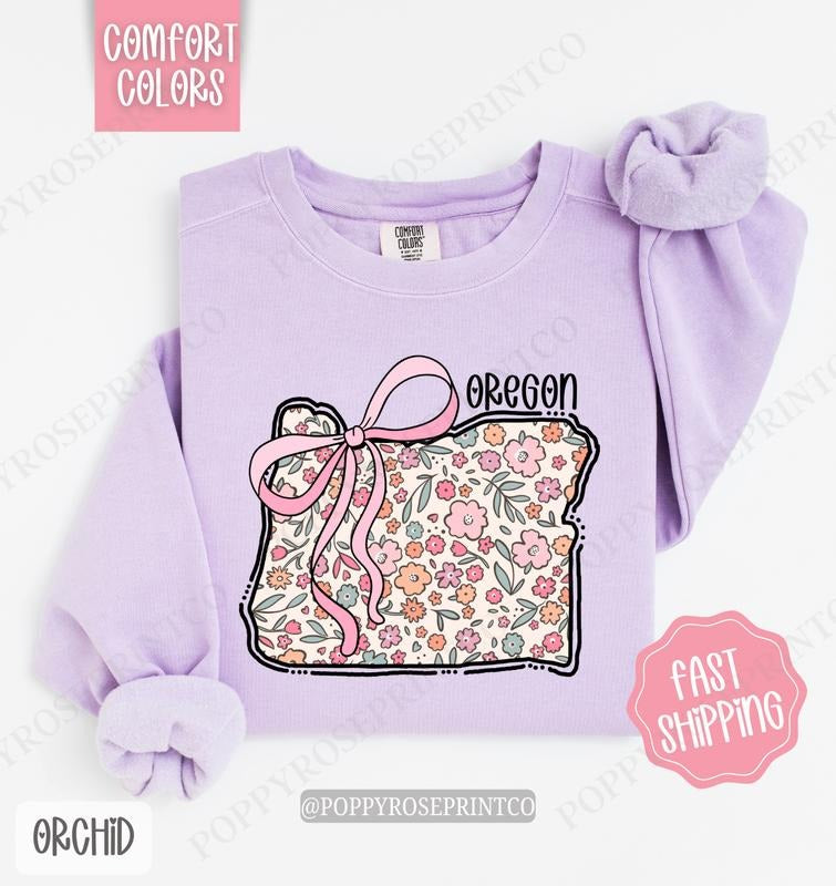 Oregon Floral Bow Comfort Colors Sweatshirt, Cute Trendy State Coquette Pullover