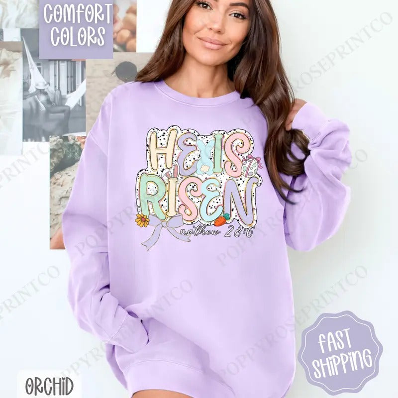Pastel He is Risen Comfort Colors Sweatshirt, Cute Easter Women's Crewneck, Trendy Religious Women's Sweater, Gift for Her