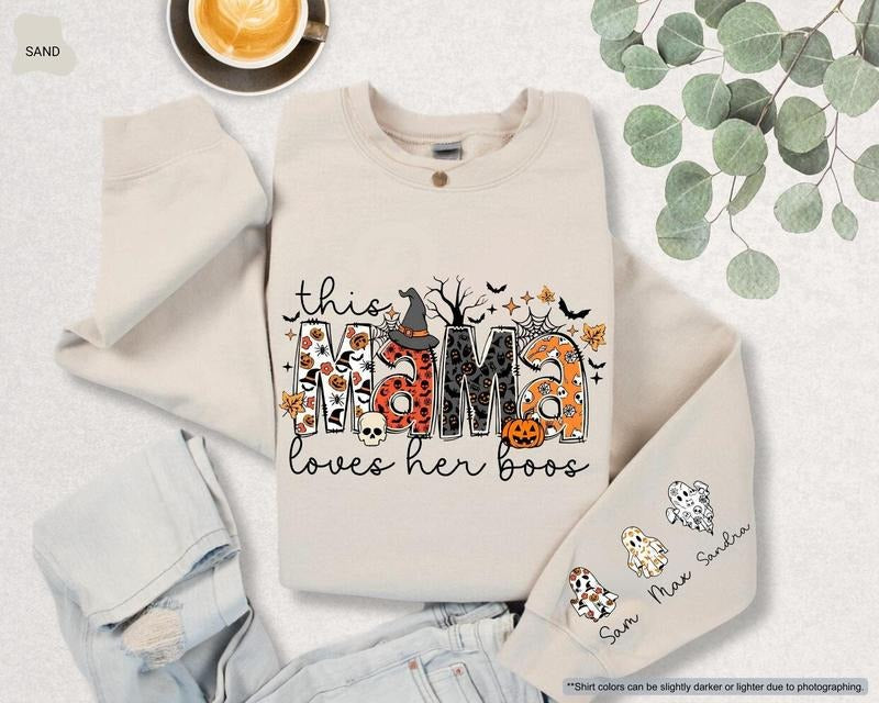 Personalized This Mama Loves Her Boos Halloween Sweatshirt, Custom Kid's Name on Sleeve, Spooky Season Mama Fall Season Shirt, Halloween Party Gift for Mom