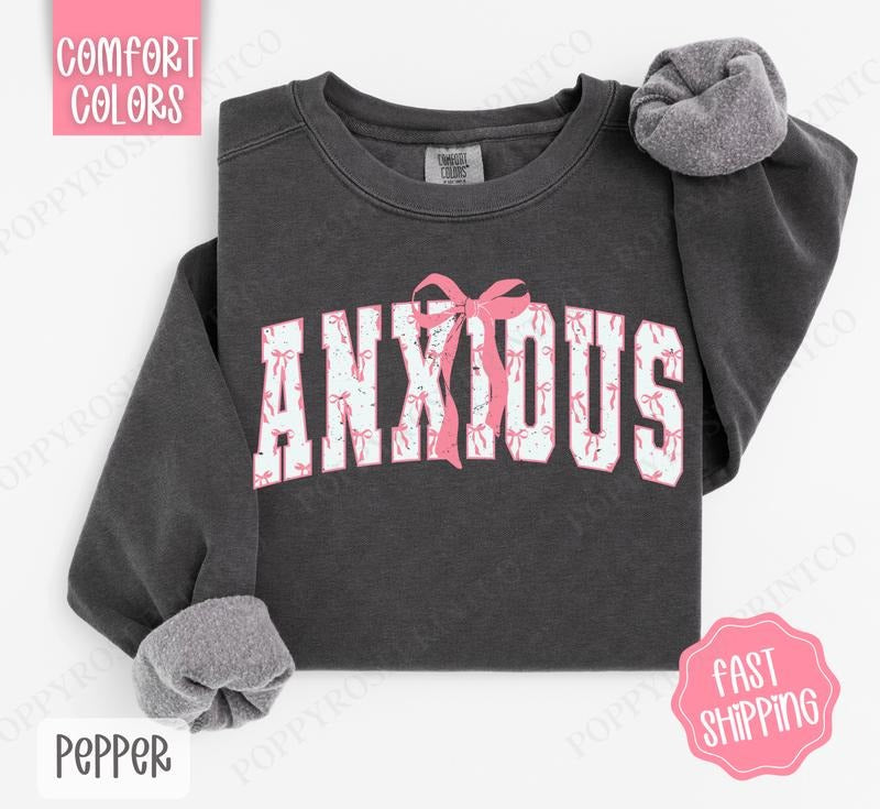 Pink Anxious Bow Comfort Colors Sweatshirt, Women's Crewneck, Cute Women's Sweater