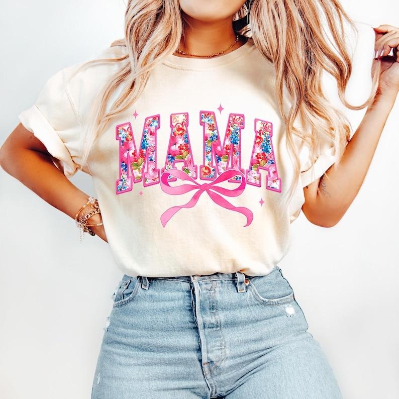 Pink Mama Coquette, Mama, Floral Mama Chinoiserie, Mama Varsity, Mothers Day, Gift for Mom, Embroidery Lace Coquette Bow Tshirt
