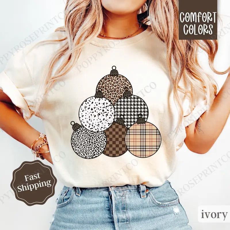 Plaid Christmas Ornament Shirt, Preppy Christmas Tee, Womens Holiday Tshirt