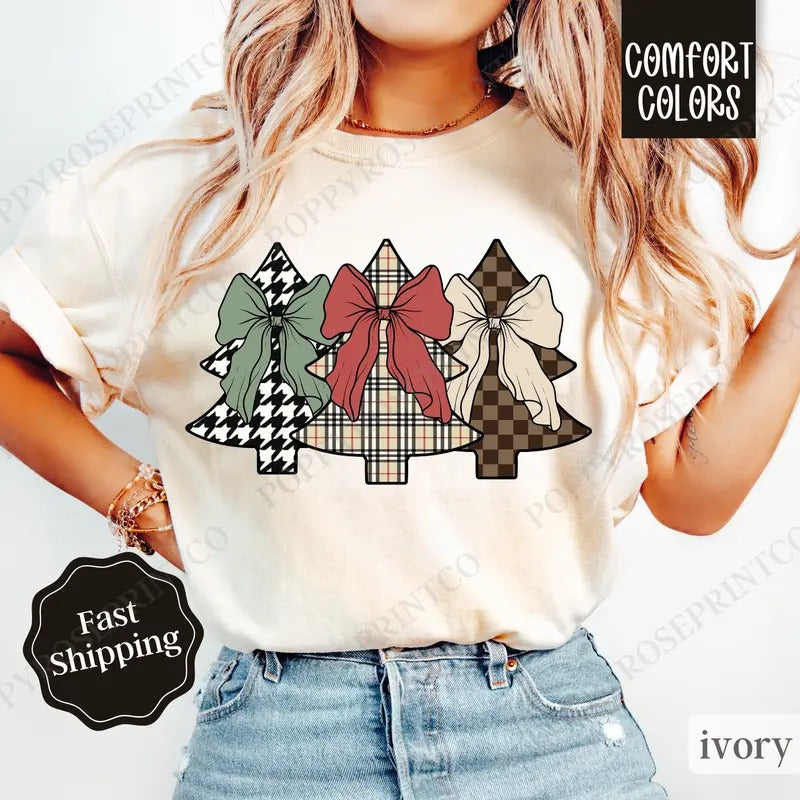 Plaid Christmas Tree Shirt, Preppy Christmas Tee, Womens Holiday Tshirt
