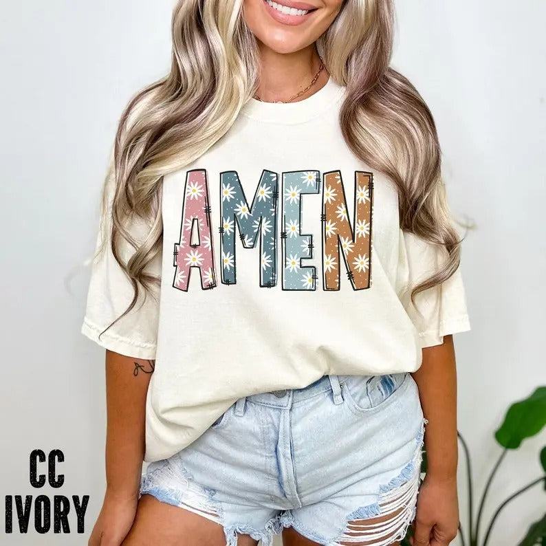Premium Boho AMEN Shirt, Inspirational Shirt, Christian Trendy Shirt, Bible Verse Shirt, Religious Shirt, Cute Floral Amen Shirt