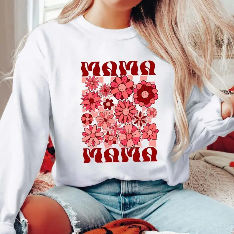Premium Checkered Mama Sweatshirt, Floral Mama Shirt, Wildflowers Mama Shirt, Mothers Day Gift, Aesthetic, Trendy Mom Shirt, Motherhood Shirt