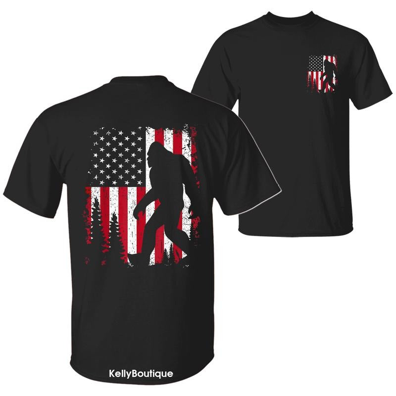 Red White and Bigfoot 4th of July American USA Flag T-Shirt, Gift for Sasquatch Lovers, Independence Day Patriotic 2 Sided Design Unisex Cotton T-shirt for Men for Women