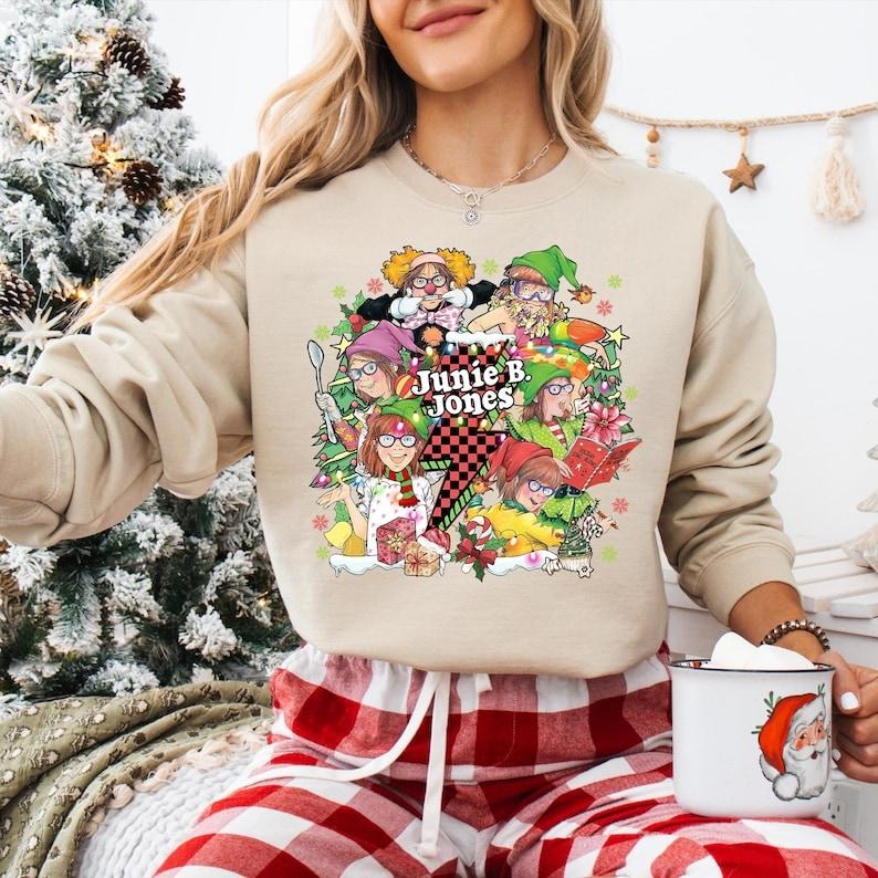 Retro Groovy Lightning Bolt Junie B Jones Sweatshirt, Junie B Christmas T-shirt, Teacher Christmas Shirt, Children's Book, Book Lover Gifts