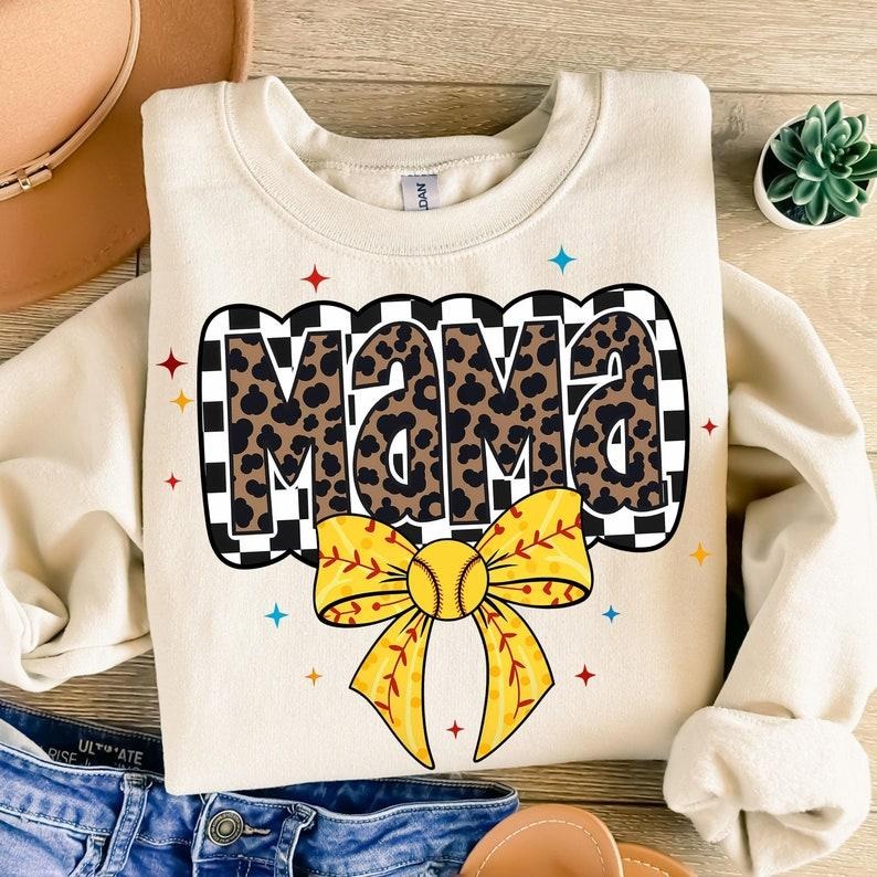 Retro Softball Mama Sweatshirt Softball Coquette Bow Game Day Softball Mom Checkered Softball