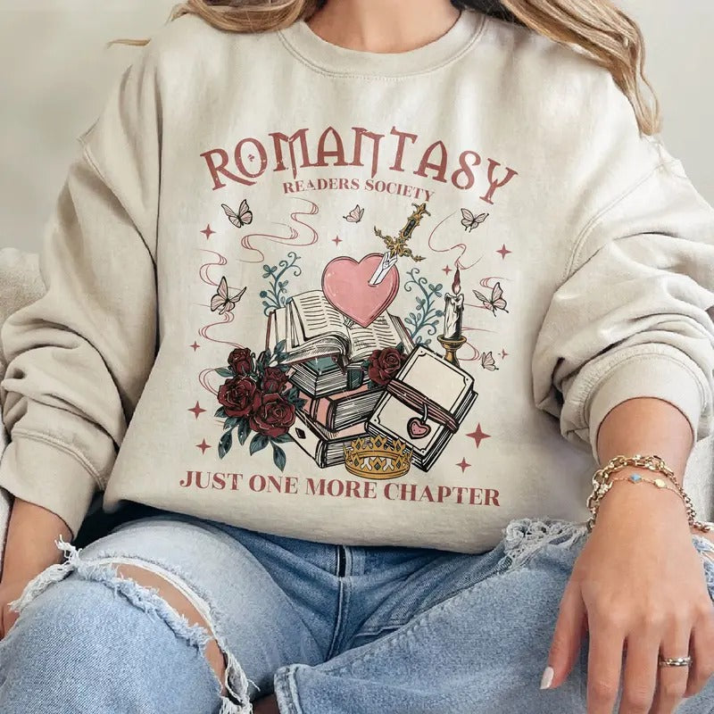 Romantasy Readers Society Sweatshirt, Book Lover Club Hoodie, Romantasy Reader Gift, Fantasy Romance Book Shirt, Dark Romance Womenswear Soft Crewneck Pullover Long Sleeves Graphic Fabric Sweater