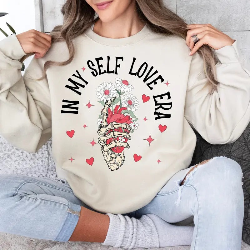 Self Love Era T-Shirt, Retro Valentine's Day Sweatshirt, Skeleton V-Day Crewneck, Groovy Trendy Valentine Clothing