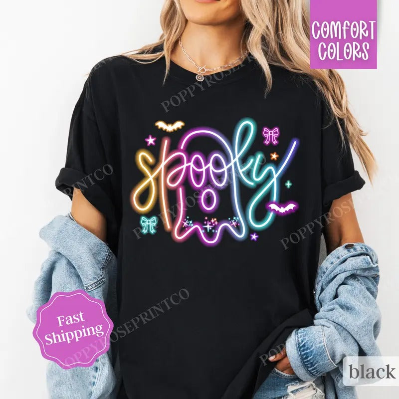 Spooky Ghost Neon Shirt Comfort Colors Halloween Tshirt, Women's Holiday Tee