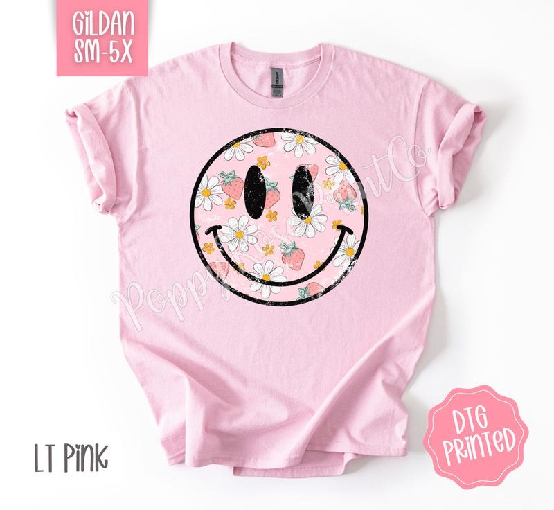 Strawberry Smiley Gildan Shirt, Cute Floral Happy Face Tshirt, Trendy Summer Tee, Gift for Her