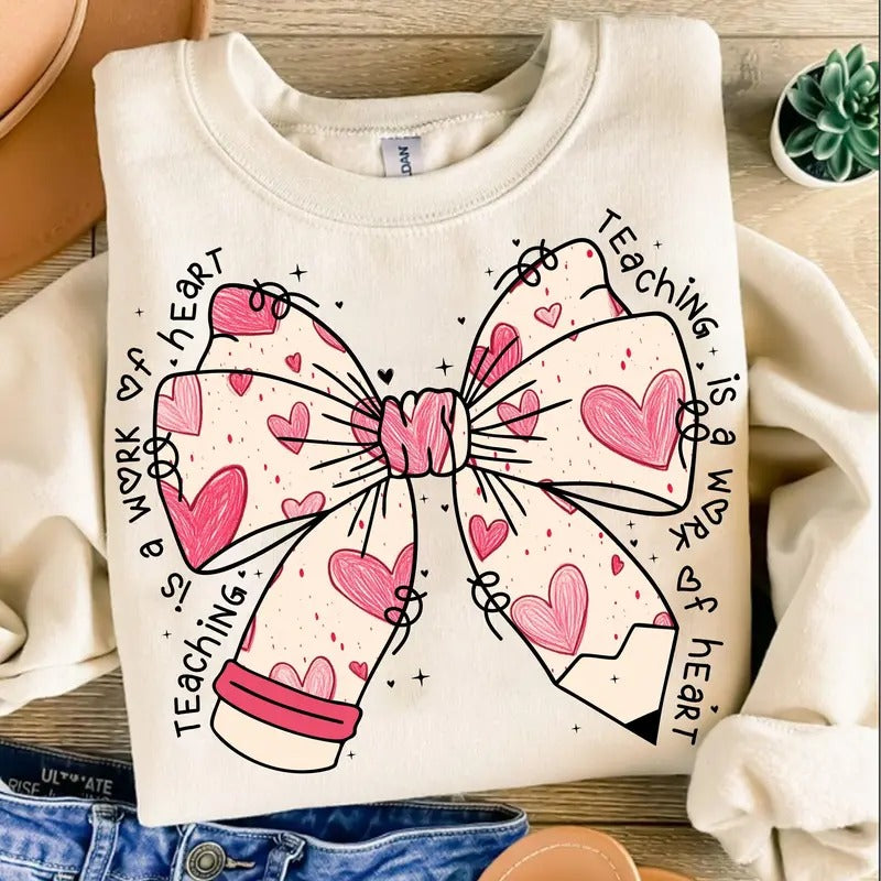Teacher Valentine Coquette Bow Pencil Sweatshirt, Glitter Heart Teacher Valentine's Day T-Shirt, Retro Teacher Crewneck, Valentine's Gift Clothing
