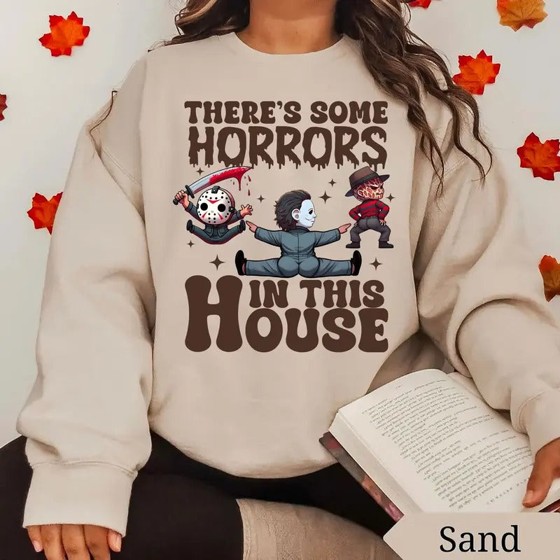 There's Some H.orrors In This House Sweatshirt, Funny Halloween Sweater, Spooky Season Sweater, Trendy Funny Halloween Pumpkin Tee, Halloween Characters Shirt