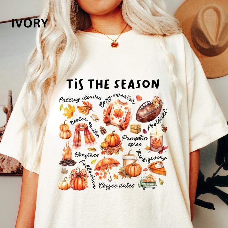 Tis the Season Fall Doodles Shirt, Fall Shirt, Halloween Tis the Season shirt, Comfort Colors Halloween Shirt, Casual Shirt Unisex, Halloween Clothing, Graphic Halloween Apparel, Casual Cotton T-shirt, Unisex Halloween Top Fabric