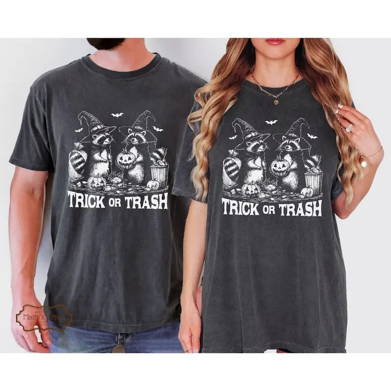 Trick or Trash Raccoon T-Shirt - Funny Halloween Graphic Tee - Cute Witch Raccoons Shirt Cotton Menswear Polyester Top