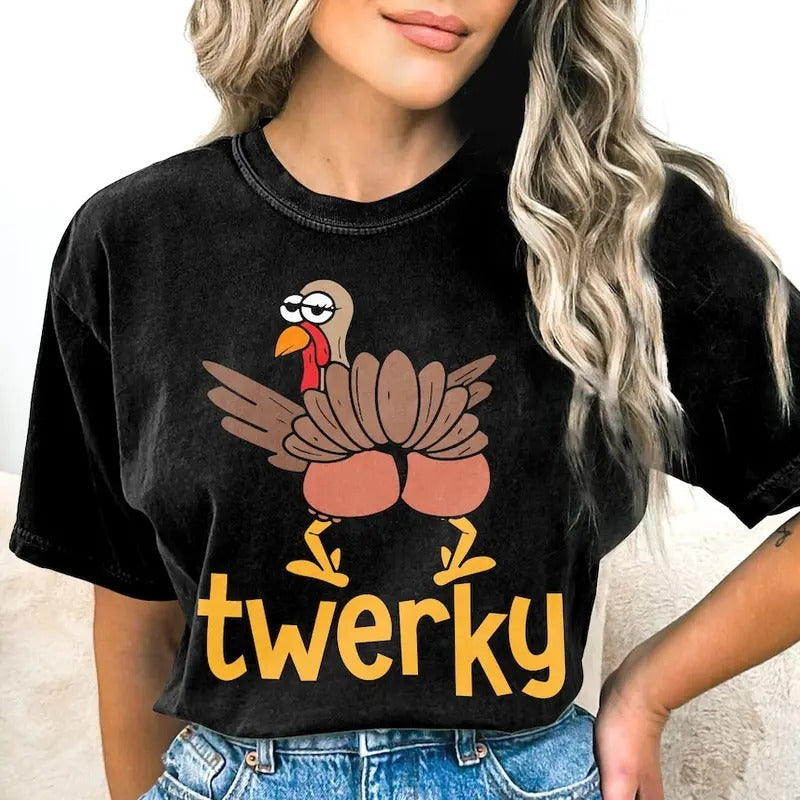 Twerky Turkey Butt Shirt, Funny Thanksgiving Twerk Dance Pun Gift T-Shirt, Funny Turkey Shirt, Funny Thanksgiving Shirt Cotton Top Womenswear Grey