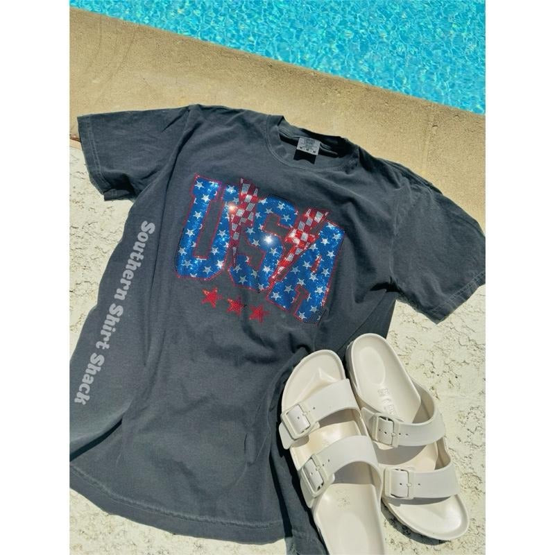 USA flat Sparkle T shirt | Pepper comfort colors t shirt | 4th of July shirt | Graphic Tee