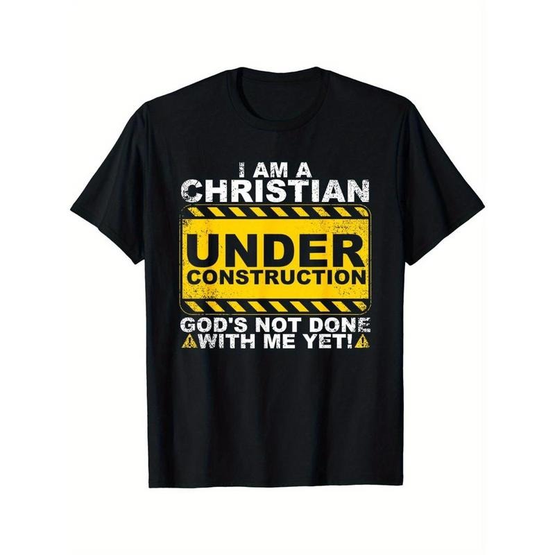 Under Construction Letters Print Men's Crew Neck Short Sleeve Tee Fashion T-Shirt, Casual Comfy Breathable Top For Spring Summer Holiday Leisure Vacation Made in USA