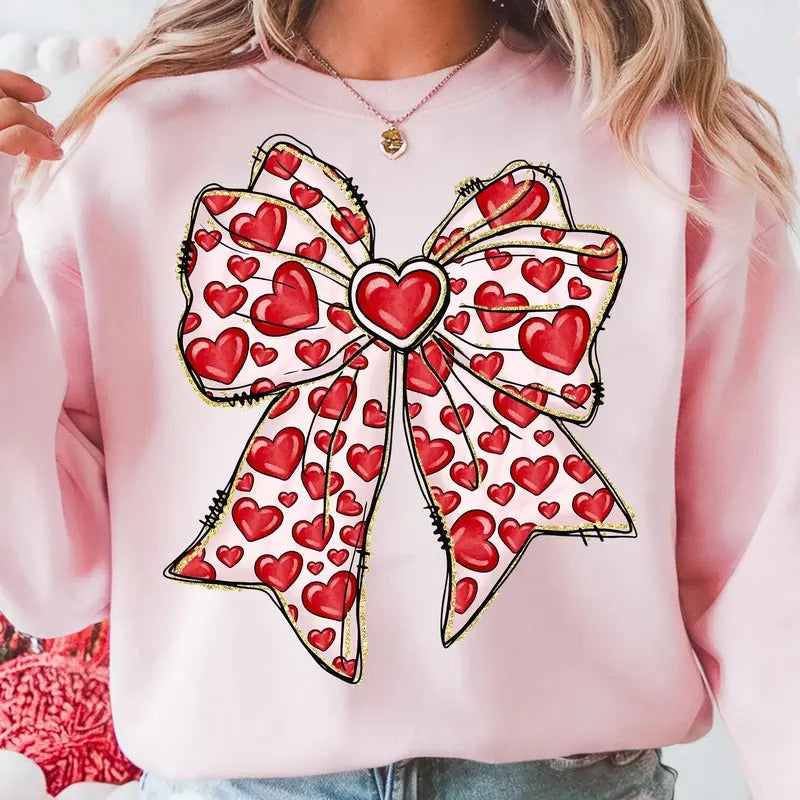 Valentine's Day Heart Coquette Bow T-Shirt, Trendy Valentine Crewneck, Valentine Love Sweatshirt