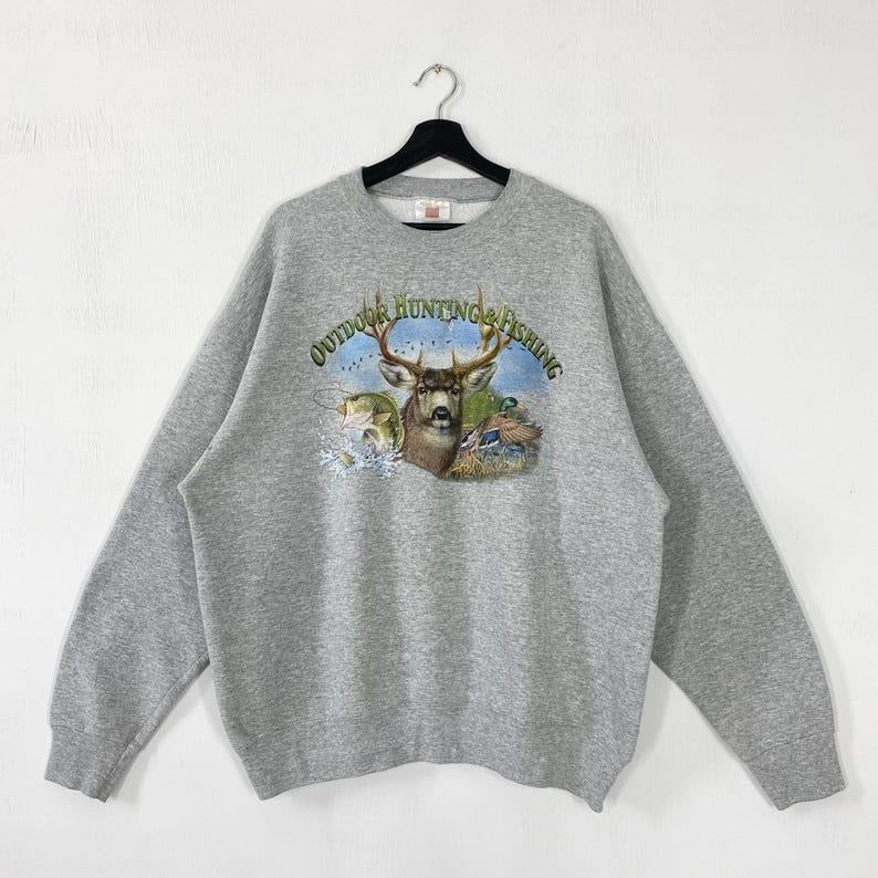 Vintage Outdoor Outfitters Sweatshirt Fish Crewneck Ducks Sweater Pullover Largemouth Bass Wildlife Habitat Deer Duck Wolf Logo Cotton Tops Underwear