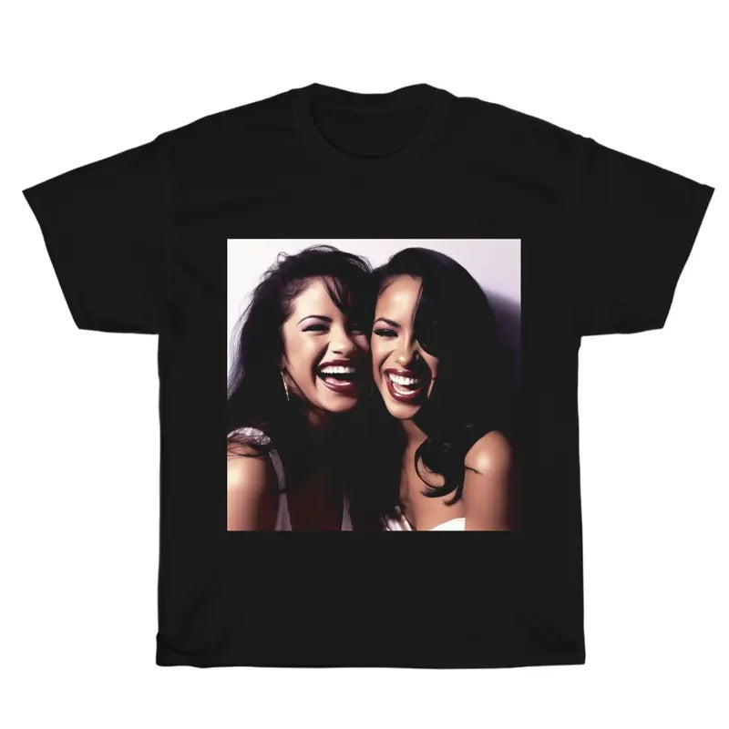 Vintage Selena and Aaliyah Graphic Unisex Shirt, Bootleg Rap Design Shirt, Retro Hip-Hop Merchandise, Rap Gift for Him Her Crewneck Streetwear Menswear Top