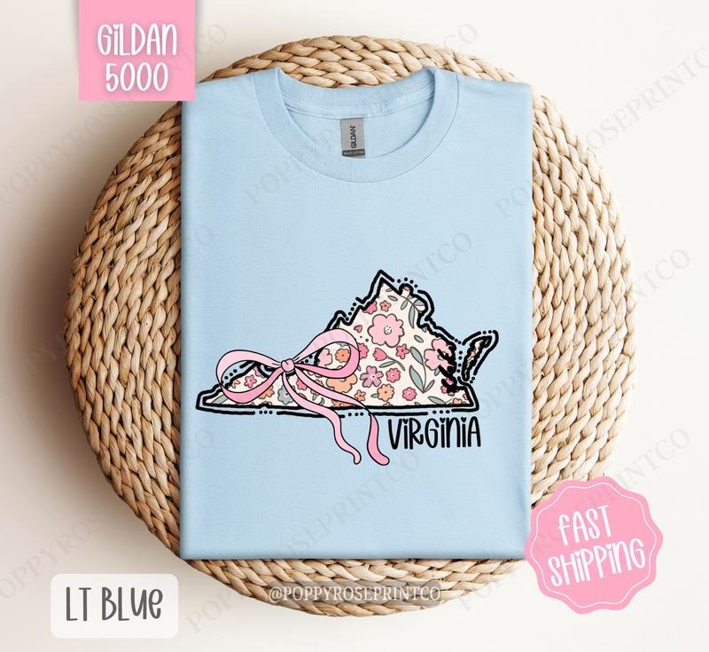 Virginia Floral Bow Gildan T-shirt, Cute Trendy Tee, State Coquette Oversized Top