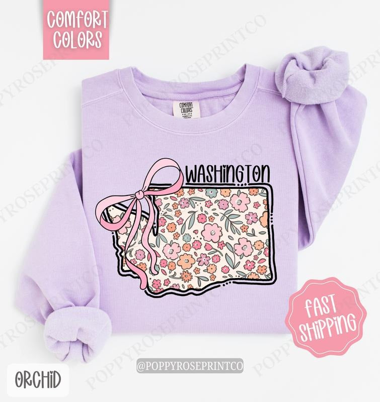 Washington Floral Bow Comfort Colors Sweatshirt, Cute Trendy State Coquette Pullover