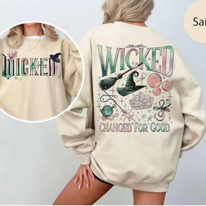 Wicked Movie 2-Sided Sweatshirt, Wizard of Oz Fan Apparel, Pink and Green Witch Shirt, Pop Culture Graphic Wicked Musical Sweater
