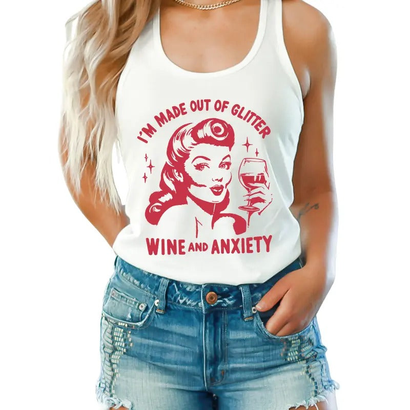 Wine and Anxiety T-Shirt, Funny Women Tank Top, Wine Crop Top, Anxiety T-Shirt Full Color Print