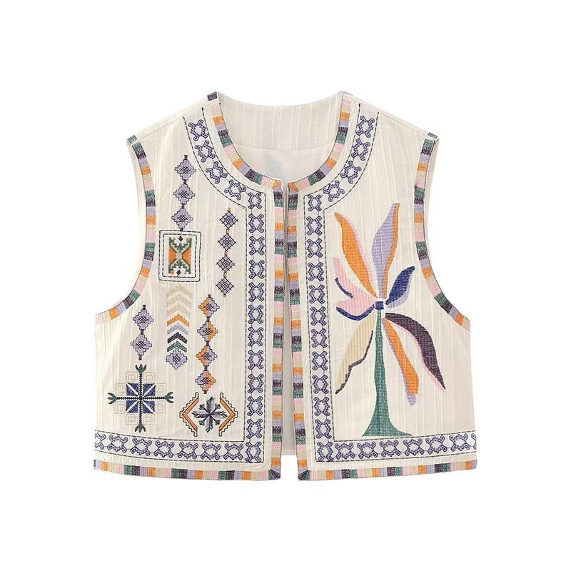 Women Vintage Embroidery Vest Grunge Sleeveless Round Neck Open Front Jackets Boho Autumn Outwear