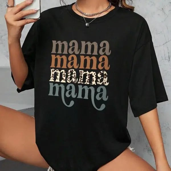 Women's "mama" Letter Print Round Neck Tee, Vintage Trendy Casual Drop Shoulder Half Sleeve T-shirt For Daily Wear, Back To School Outfits, Graphic Tees, Ladies Summer Outfit