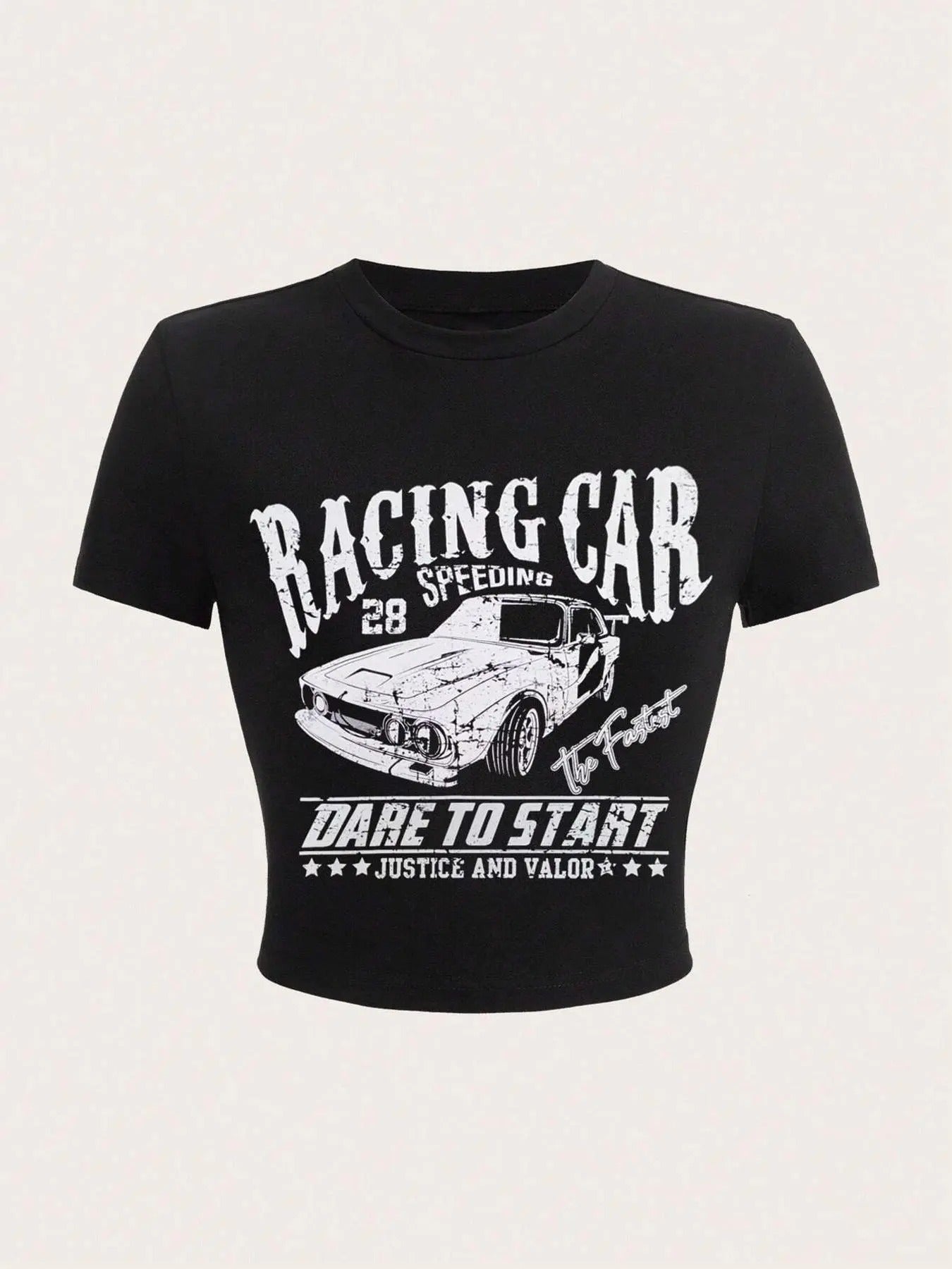 Women's Car & Letter Print Round Neck Crop Tee, Vintage Trendy Casual Short Sleeve T-shirt for Daily Wear, Ladies Summer Outfit