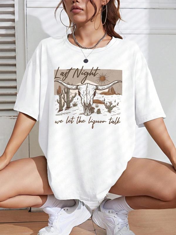 Women's Cartoon Graphic Print Round Neck Tee, Trendy Casual Drop Shoulder Short Sleeve T-shirt for Daily Wear, Ladies Outfit