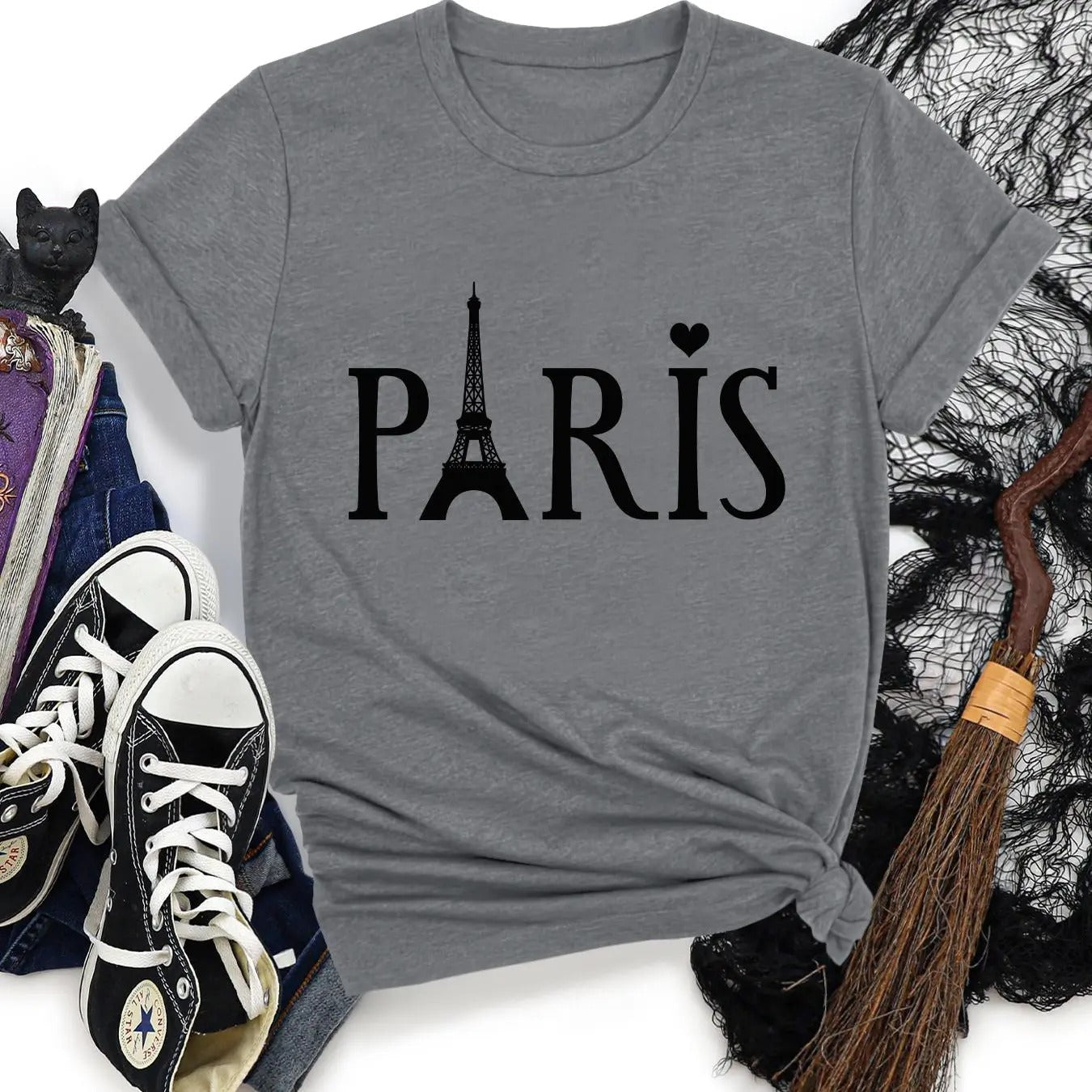 Women's Eiffel Tower & Letter Print Round Neck Tee, Trendy Casual Short Sleeve T-Shirt for Daily Wear, Ladies All Seasons Outfit