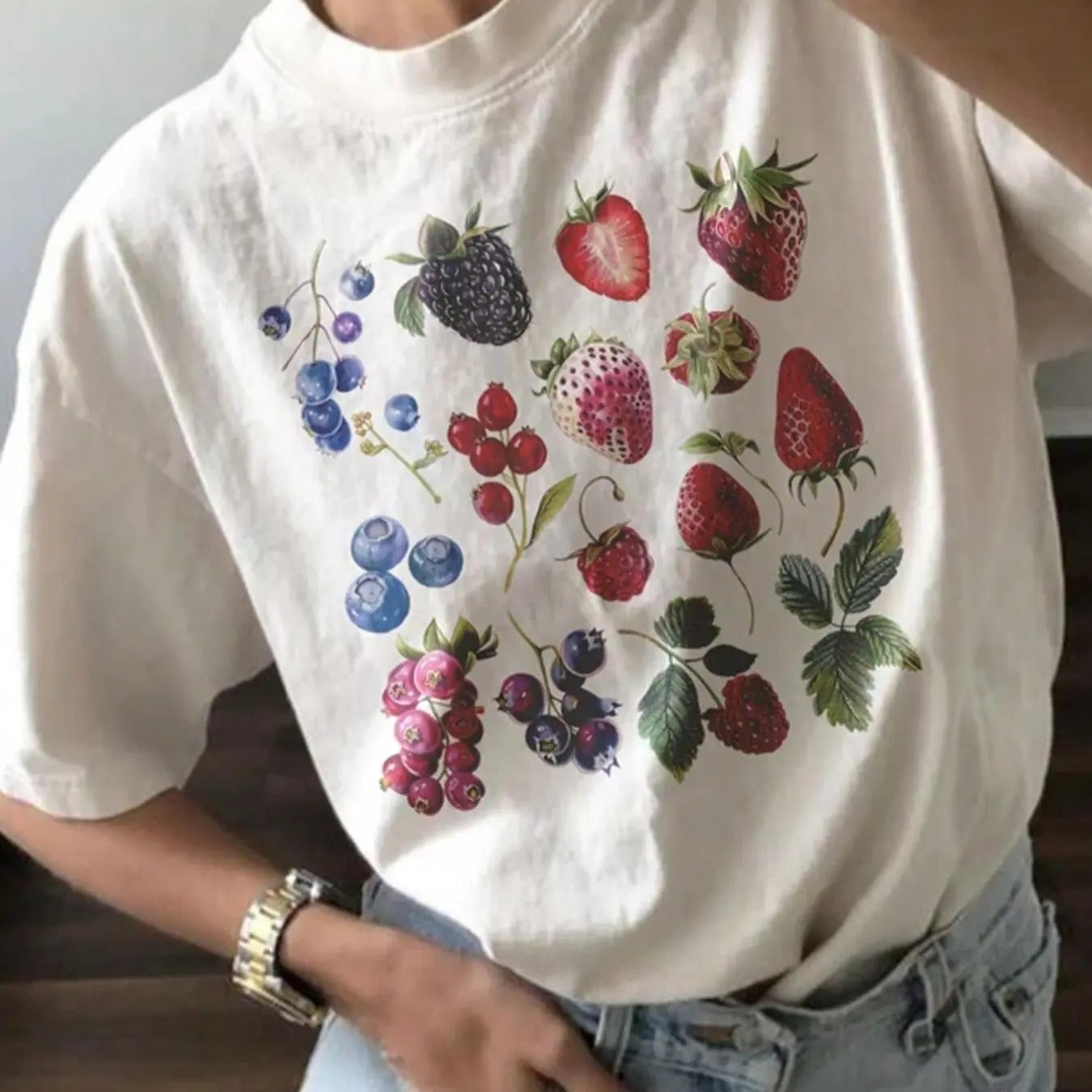 Women's Fruit Print Drop Shoulder Tee, Casual Half Sleeve Round Neck T-Shirt for Summer, Women's Top for Daily Wear