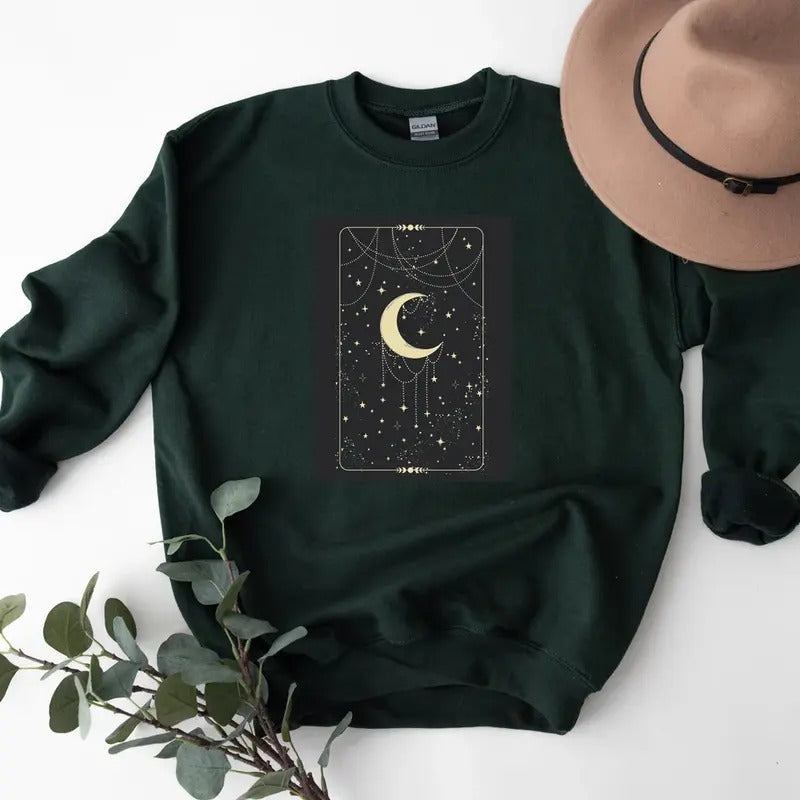 Women's Golden Crescent Moon Celestial Tarot Card Sweatshirt, Tarot Card Hoodie, Celestial Shirt, Mystical Women's Sweatshirt, Mystical Sweater