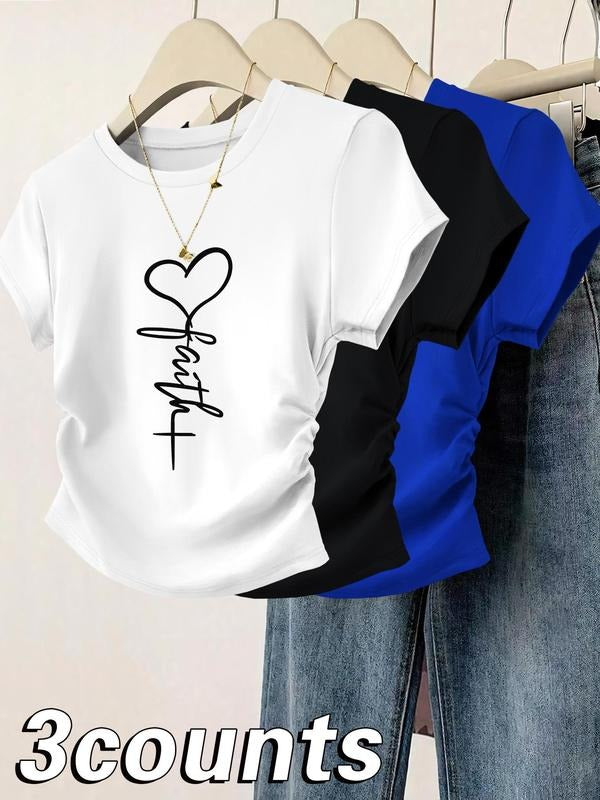 Women's Heart & Letter Print Round Neck Tee, Casual Short Sleeve T-shirt for Daily Wear, Ladies Clothes for All Seasons, Top