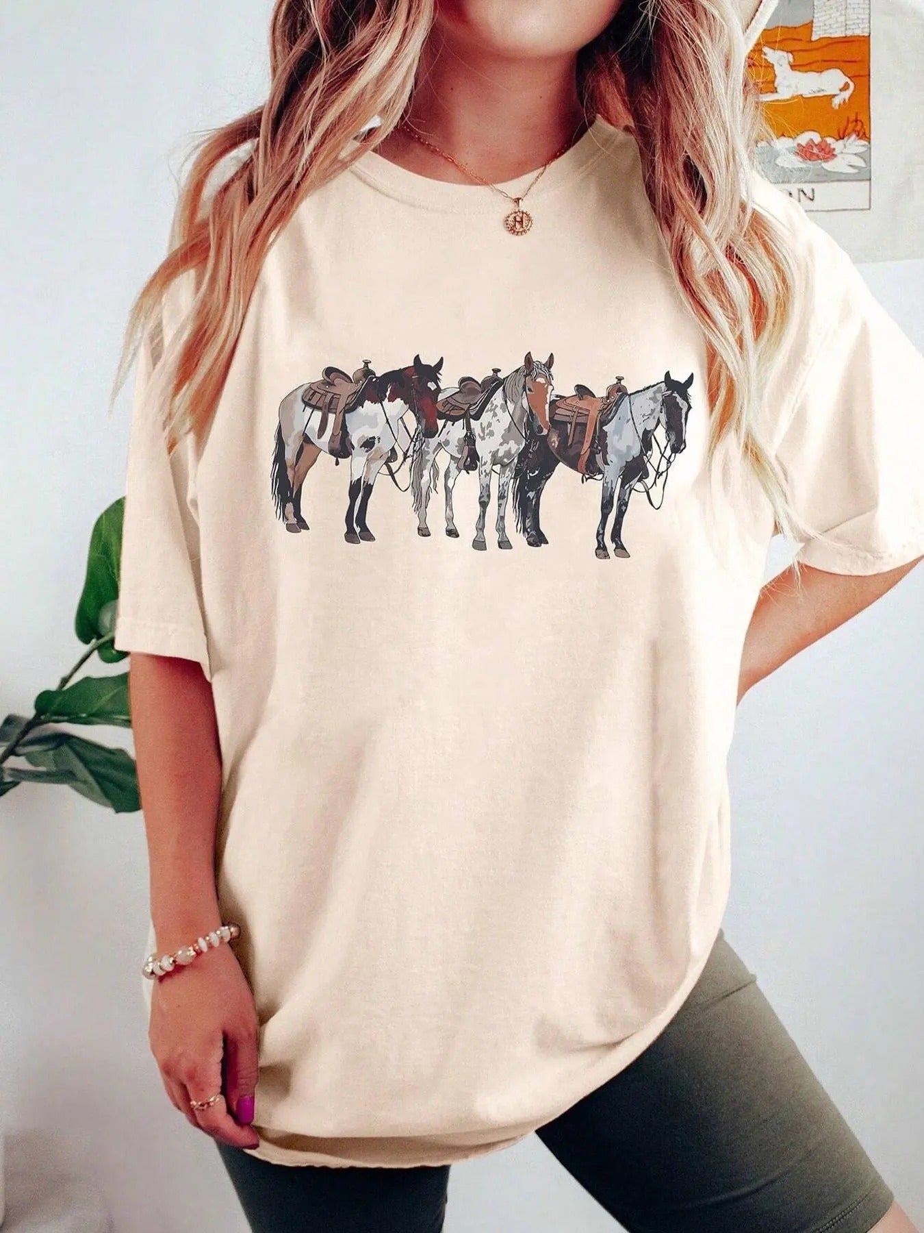 Women's Horse Print Crew Neck Tee, Casual Short Sleeve T-shirt for Summer, Fashion Women's Top for Daily Wear