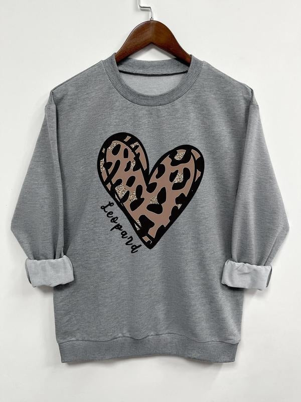 Women's Leopard Heart Print Round Neck Sweatshirt, Casual Long Sleeve Crew Neck Pullover for Spring & Fall, Fashion Women's Top for Daily Wear