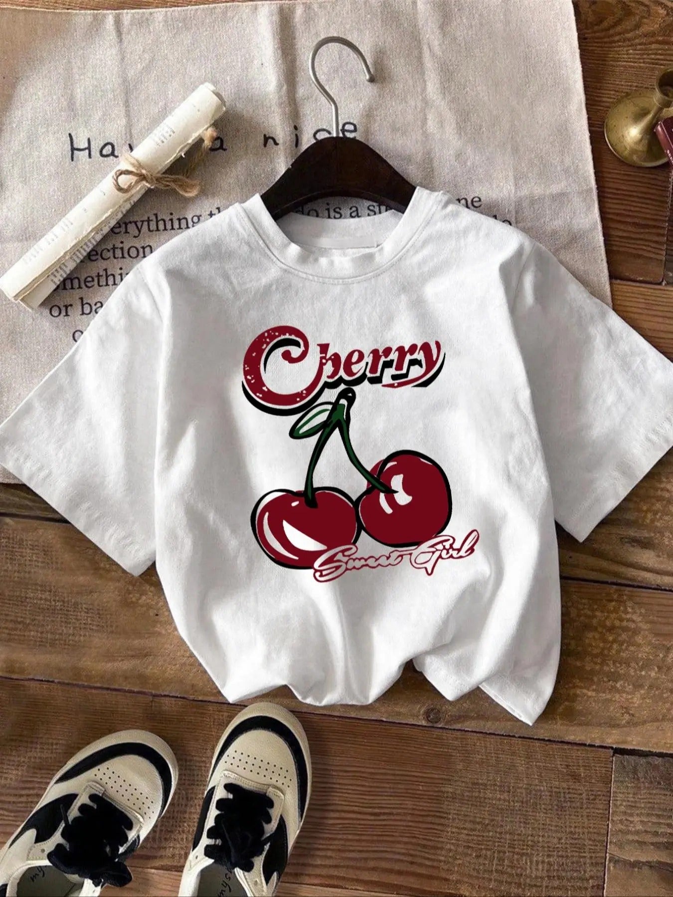 Women's Letter & Cherry Print Round Neck Tee, Casual Short Sleeve Crew Neck T-Shirt, Ladies Clothes for Daily Wear