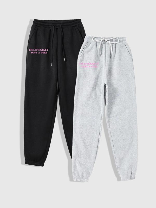 Women's Letter Print Drawstring Waist Sweatpants, Casual Pocket Jogger Pants for Fall & Winter, Women's Trousers for Daily Wear