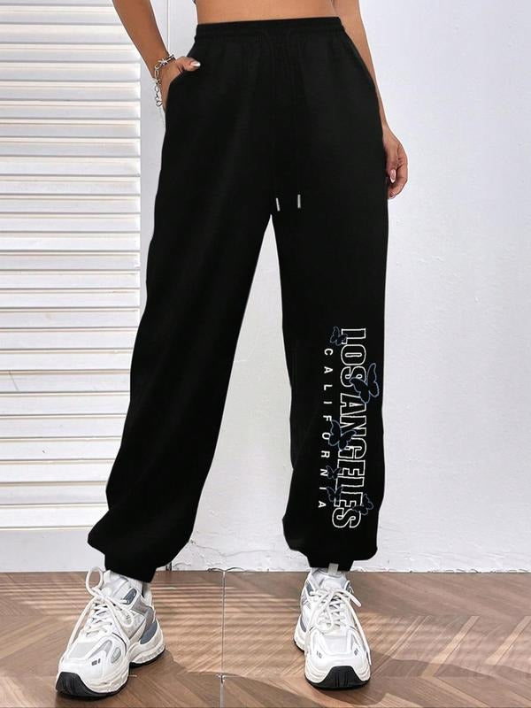 Women's Letter Print Drawstring Waist Sweatpants, Womenswear, Comfort Casual Pocket Jogger Pants Bottoms For Lady Daily Wear, Women's Trousers For Fall & Winter