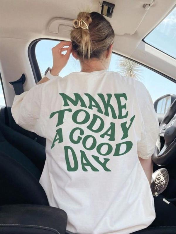 Women's Letter Print Drop Shoulder Tee, Casual Streetwear Half Sleeve Round Neck T-Shirt for Summer, Ladies Clothes for Daily Wear