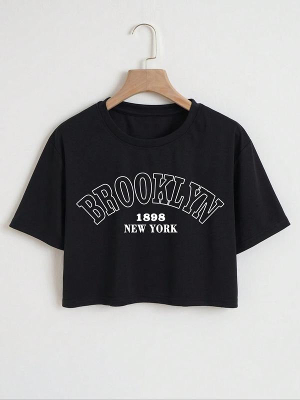 Women's Letter Print Round Neck Crop Tee, Street Short Sleeve T-Shirt for Daily Holiday Vacation Outdoor Wear, Ladies Summer Clothes